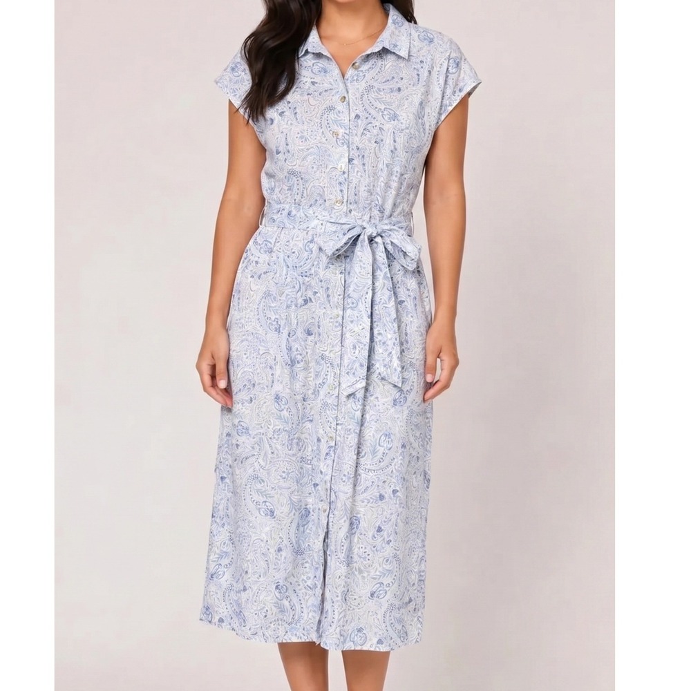 Lucky Brand Blue Paisley Rayon Linen Midi Shirt Dress XL Tie Front